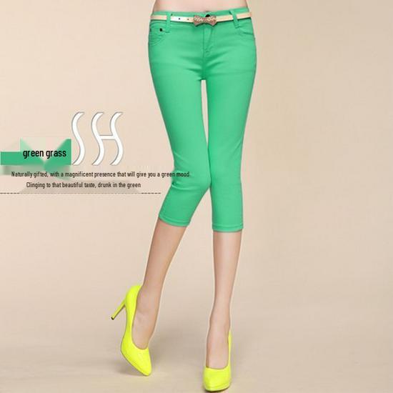 

Women s Candy Color Capri Jeans - Korean Style, Elastic, Slimming, Cropped Pencil Pants for Summer. 31 grass зелений колір