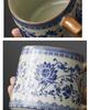 Blue and White Ceramic Office Mug with Tea and Water Separation, Large Capacity.