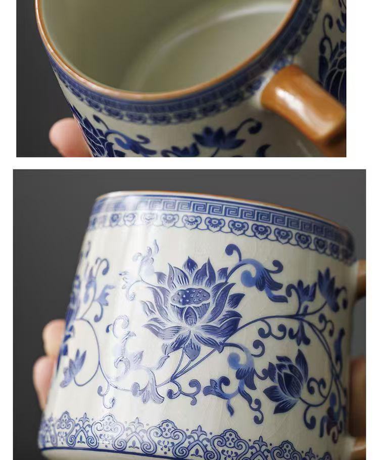 Blue and White Ceramic Office Mug with Tea and Water Separation, Large Capacity.