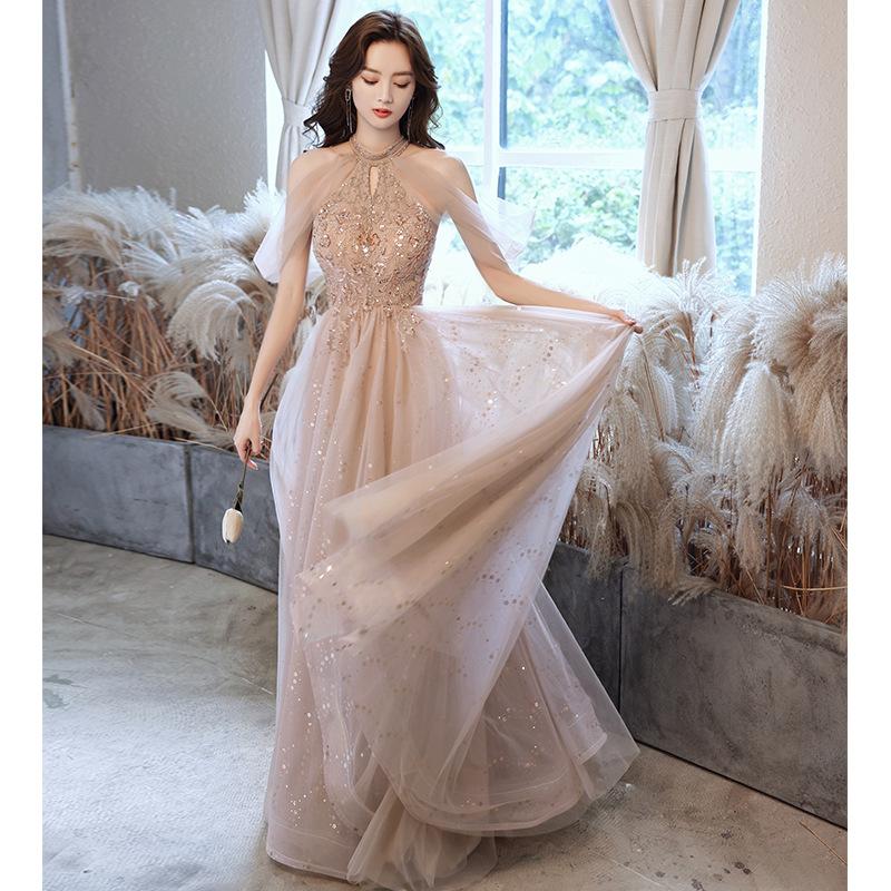 Champagne evening dress fairy bridesmaid dress 1011 summer new banquet temperament host heavy industry long dress