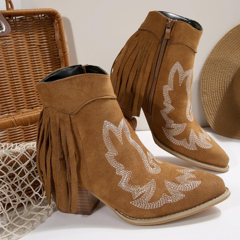 

Модные ботильоны с кисточками и вышивкой, осенние новинки, с острым носком, из замши, на молнии сбоку, нескользящие, износостойкие, на квадратном каблуке 43