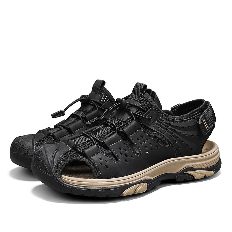 Fashion Mens Beach Shoes Summer New Breathable Mesh Bread Toe Protection Sandals Snug Wear-resistant Casual Anti-collision Sandals