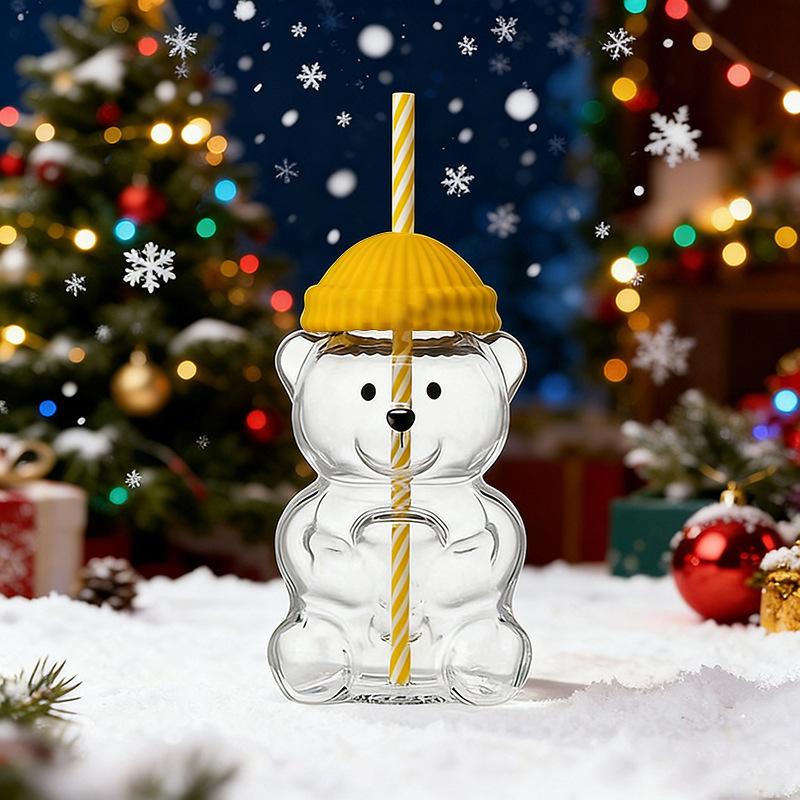 Cartoon-Bär Kaffeetasse Transparente Borosilikat Kälte- und Hitzebeständige Glas Kreative Weihnachts-Strohhalmbecher