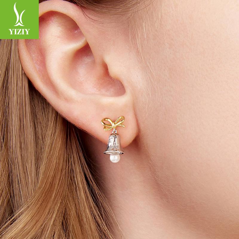 Yinziyun Christmas Snowflake Bell Earrings: S925 Sterling Silver Bow Studs