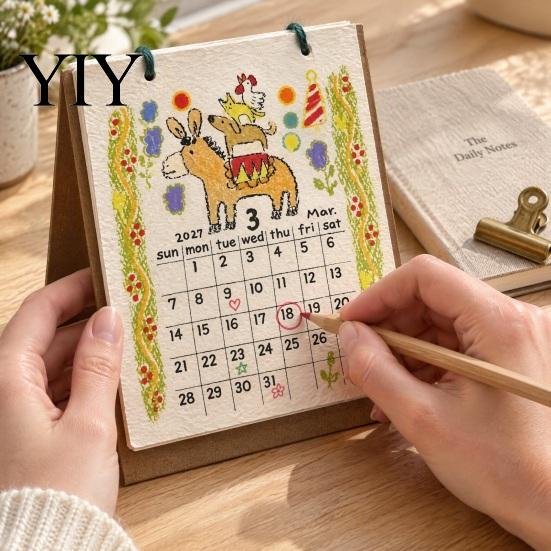 Warm Color Aesthetic Calendar 2027 Sheep Doodle Desk Calendar, Cute Animal Illustration Monthly Record Keeping Book Planner with Vintage Paper,