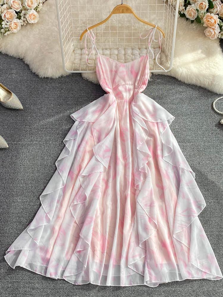 

Летнее модное повседневное платье трапециевидной формы с рюшами и высокой талией на тонких бретельках, сексуальные милые шикарные платья без рукавов с открытой спиной