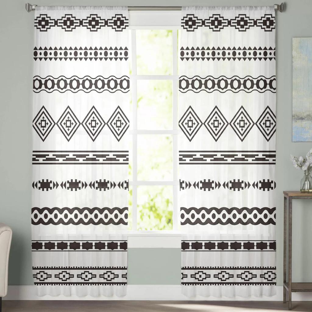 Tribe Ethnic Black Geometrické postavy Tyl Závesy do obývačky Kuchyňa Spálňa Priesvitný tyl pre kaviareň Hotel Moderná výzdoba domova