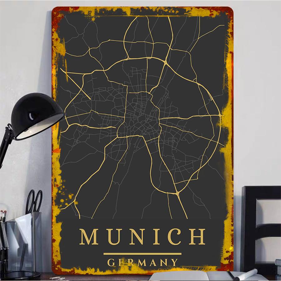 Munich Germany City Map Metal Wall Art Vintage Home Decor Living Room Study Modern Minimalist Hanging Decoration