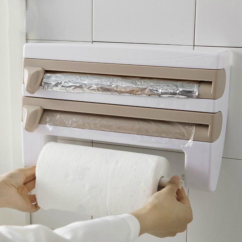 Multifunctional Wall-Mounted Kitchen Storage Rack with Cutter for Plastic Wrap, Foil, and Paper Towels