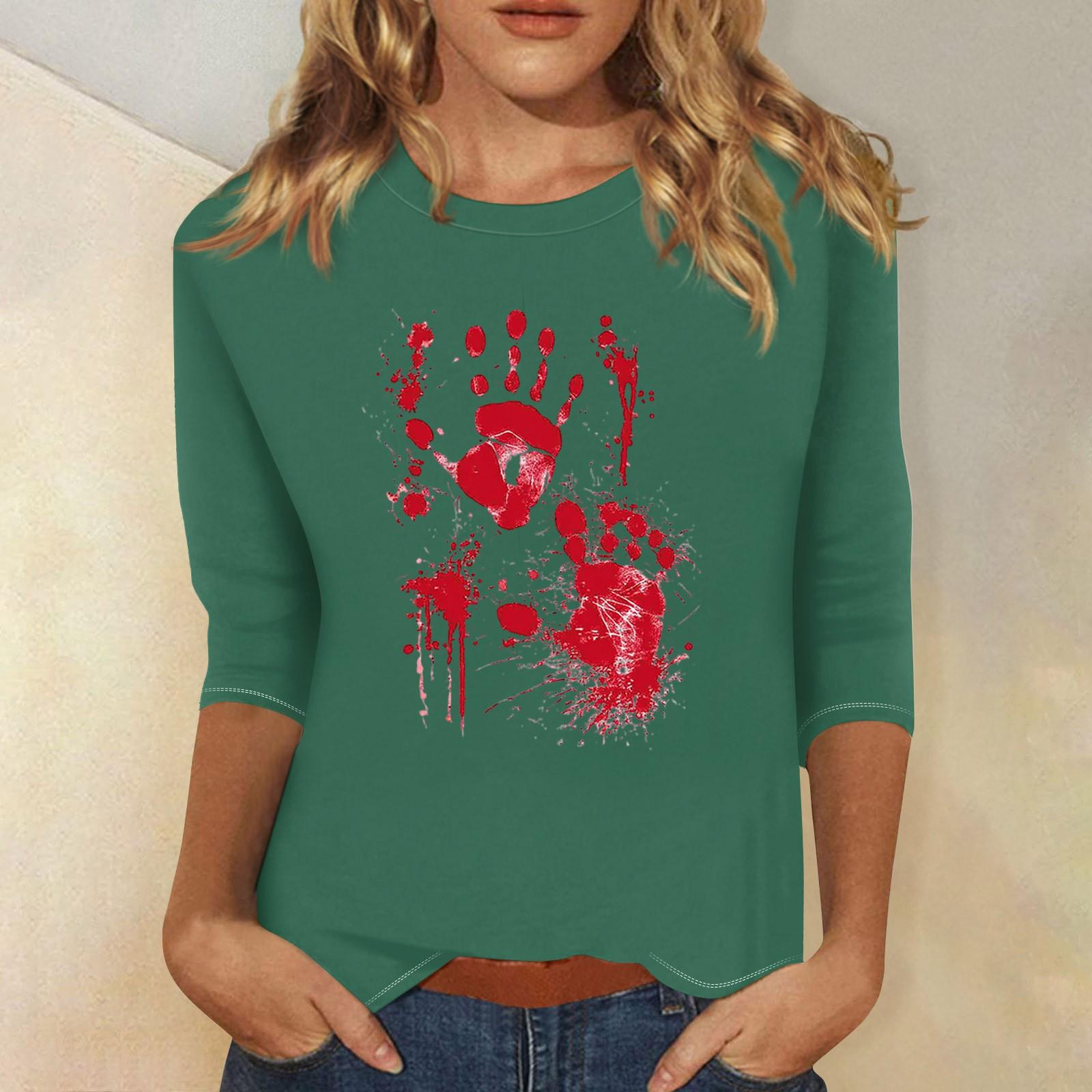 

Women s Fashion Casual Three-quarter Sleeve Halloween Printed Round Neck Top L армія зелений колір