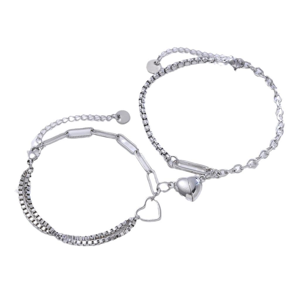 2PCS Simple Fashion Stainless Steel Bracelet Set for Couple Unisex Women Men Lover Heart Silver Color Chain Bracelets Jewelry