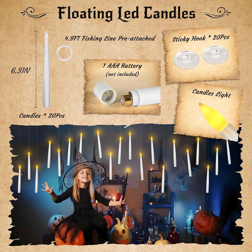 Halloween Decor Floating Candles with Wand Magic Hanging Candles with Remote Flameless Taper Led Candle Floating Window Candle