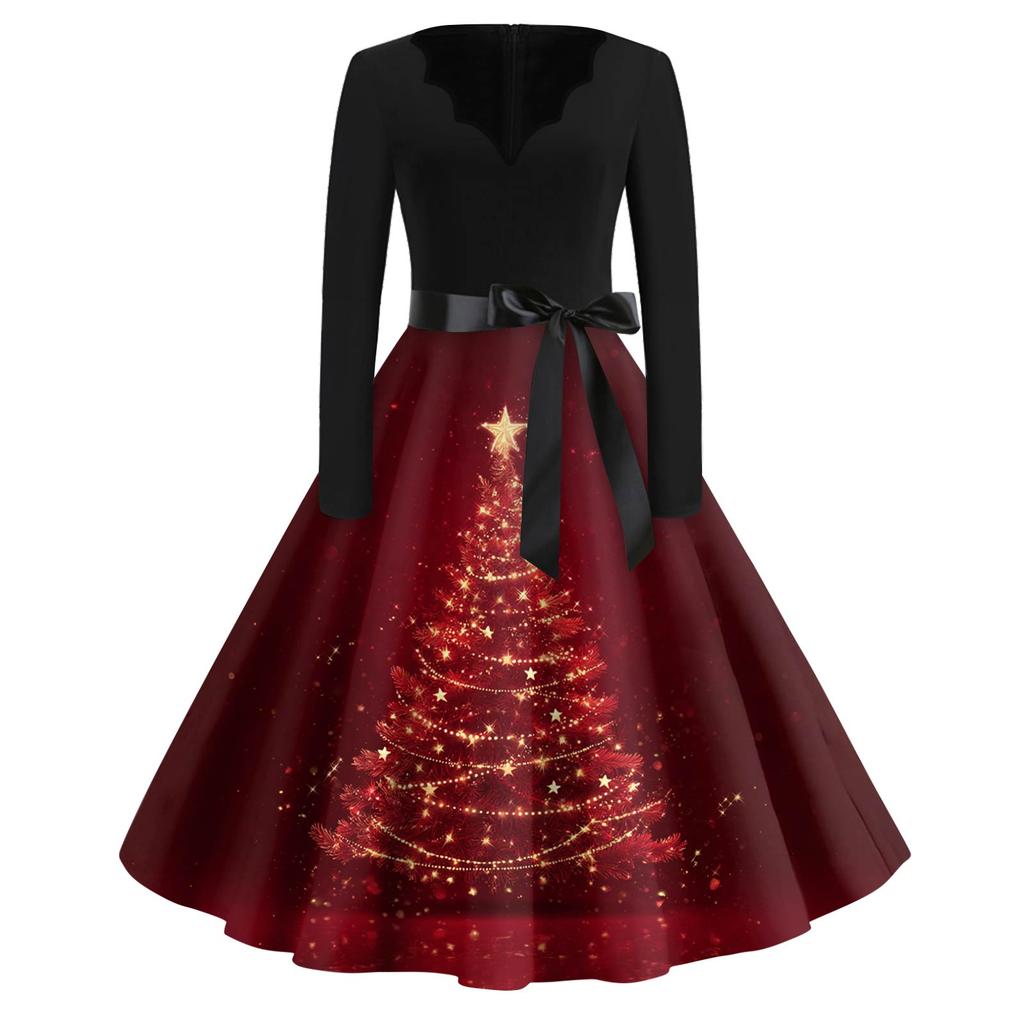 Vestido Feminino Moda Decote V Ajuste Relaxado Estampa de Natal Manga Longa