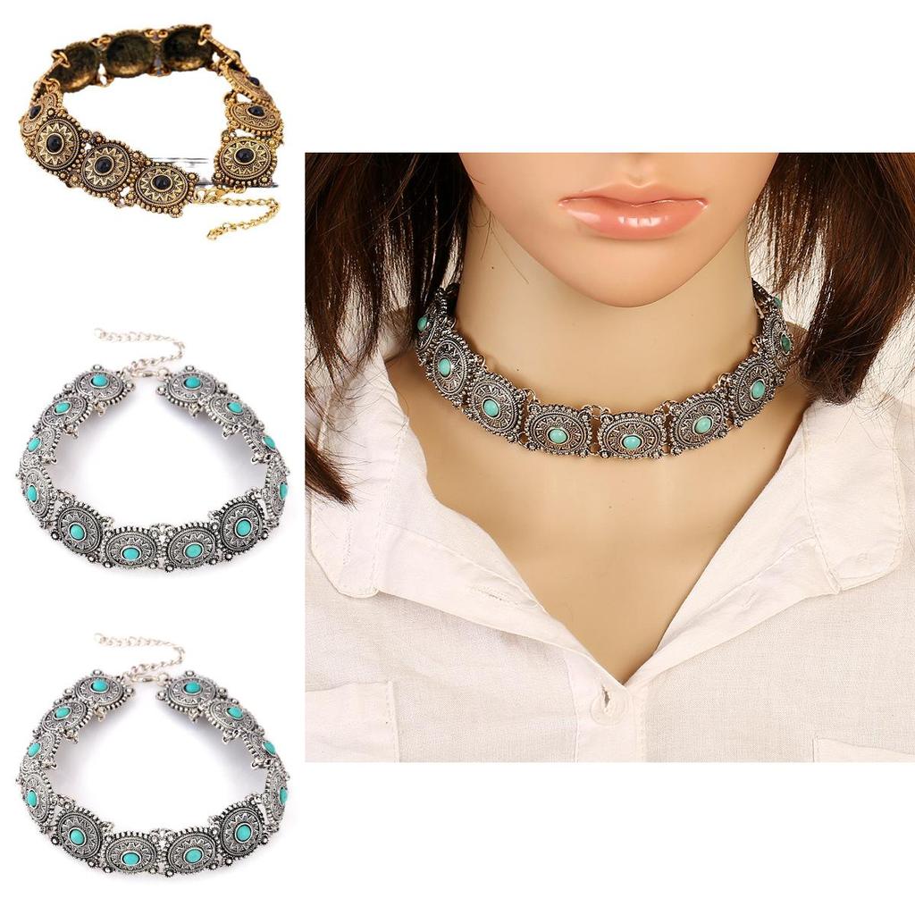 Retro Turquoise Pendant Necklace With Geometric Alloy Chain For Vintage Jewelry Enthusiasts