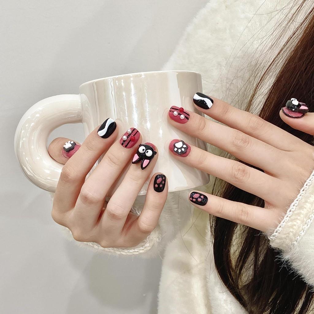 

100% HANDMADE Short Round Fake Nail With Glue Cross-eyed cat cat claws Sweet cool cute Cartoon black pink Fake Nails Art Reusable and Removable L