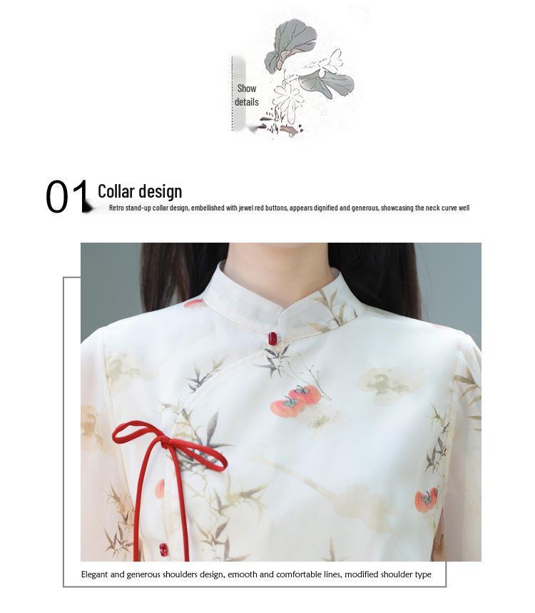 Retro-Print Chiffon Tang-Anzug & Hanfu Weitbein-Hosen-Set für Damen – Frühjahr/Sommer-Kollektion