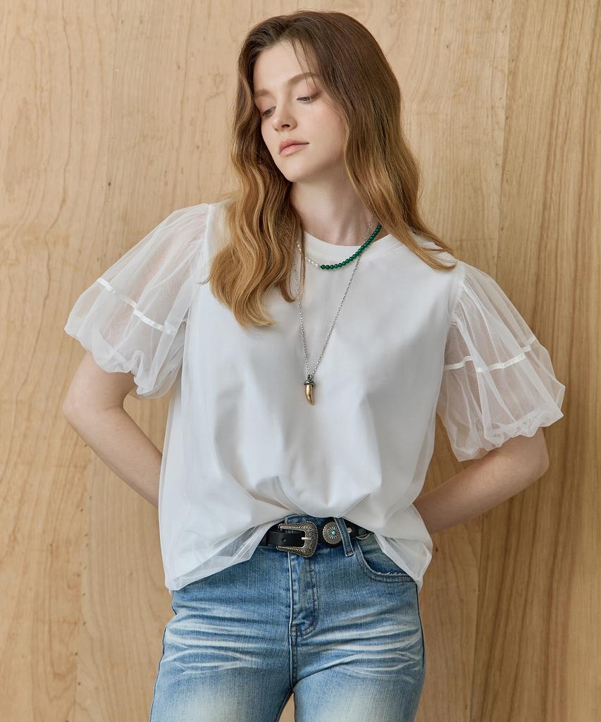 MAXZA Mesh Layered Balloon Sleeve Blouse T-Shirt
