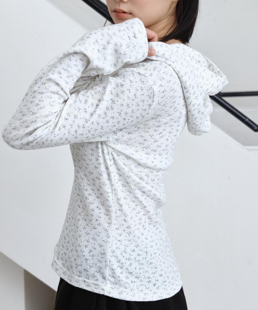 Half Button Flower Hoodie (White)