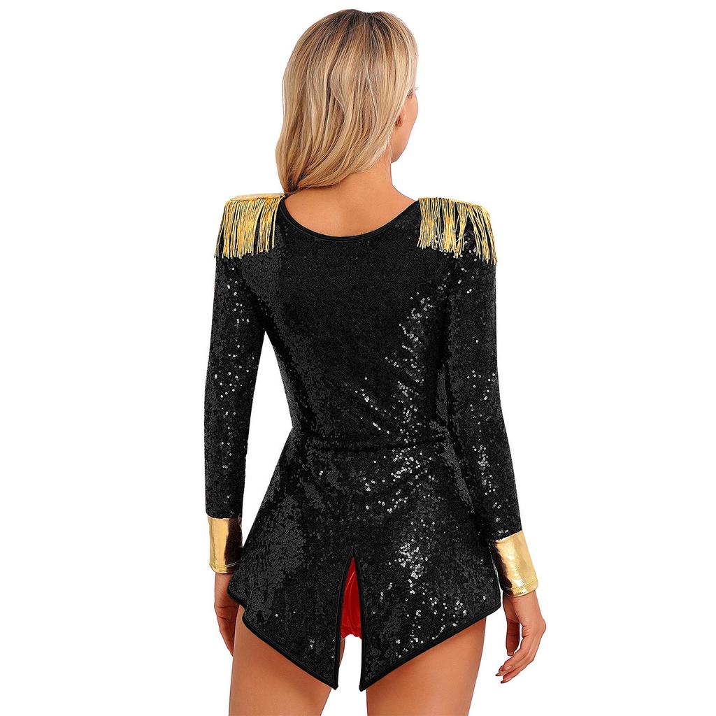 Womens Circus Ringmaster Cosplay Bodysuit Long Sleeve Allover Sequin Tail Jumpsuit Halloween Festival Costumes