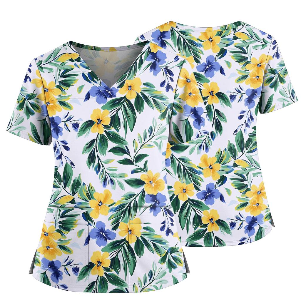 Top casual de damă cu imprimeu, gât în V, buzunar, crăpătură laterală, mâneci scurte, top cu mâneci scurte
