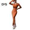 Women Spring Fall Dress V Neck Slit Hem Thread Slim Fit Long Sleeves Ankle Length Knitted Elastic Maxi Dress Shopping Dating Party Dress