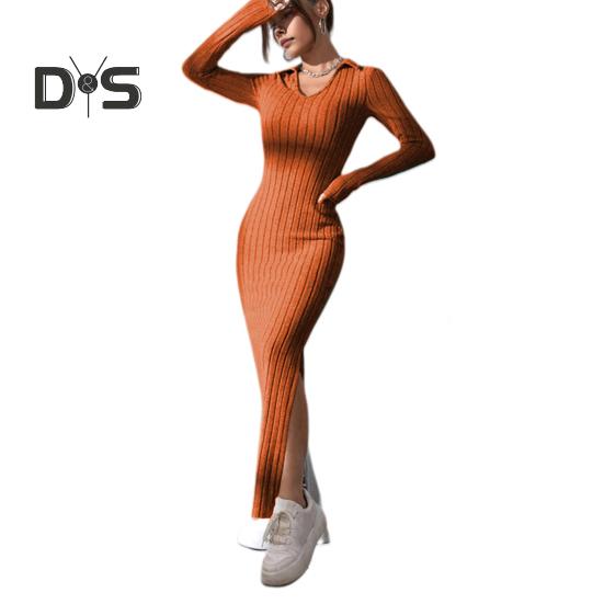 

Женское платье весна-осень с V-образным вырезом, разрезом по низу, облегающим кроем, длинными рукавами, длиной до щиколотки, трикотажное эластичное платье макси для шопинга, свиданий, вечеринок M кирпич красный