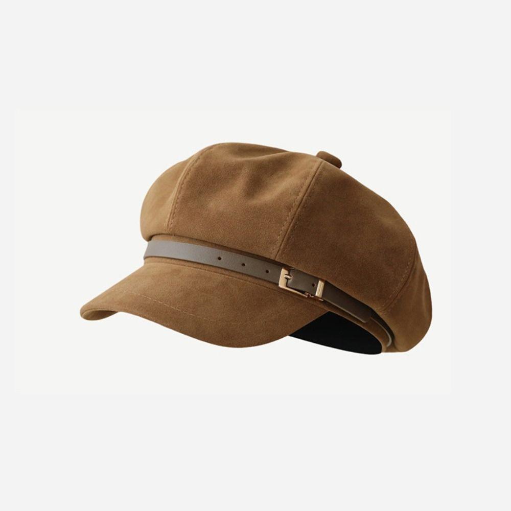 British Style Pu Leather Beret Brown Painter Hat Fashion Suede Octagonal Hat  Streetwear
