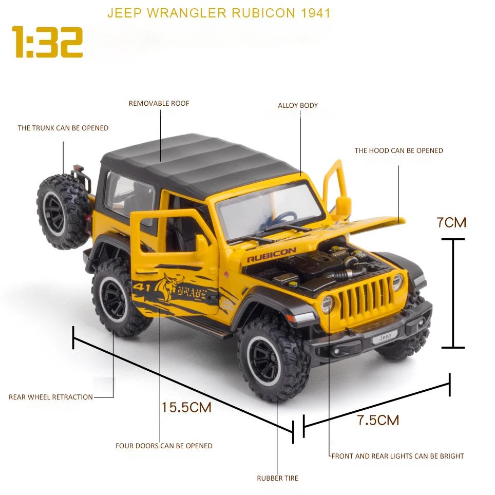 1/32 Scale Jeep Wrangler Rubicon Alloy Model Car Metal Diecast Collection Vehicle Simulation Sound & Light Toy for Kids Christmas Gift
