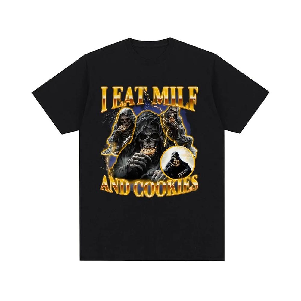 

I Eat Milf and Cookies Skeleton Funny Meme Graphic T Shirts Men Women Casual Cotton T-shirt Fashion Short Sleeve Summer Tops S чёрный