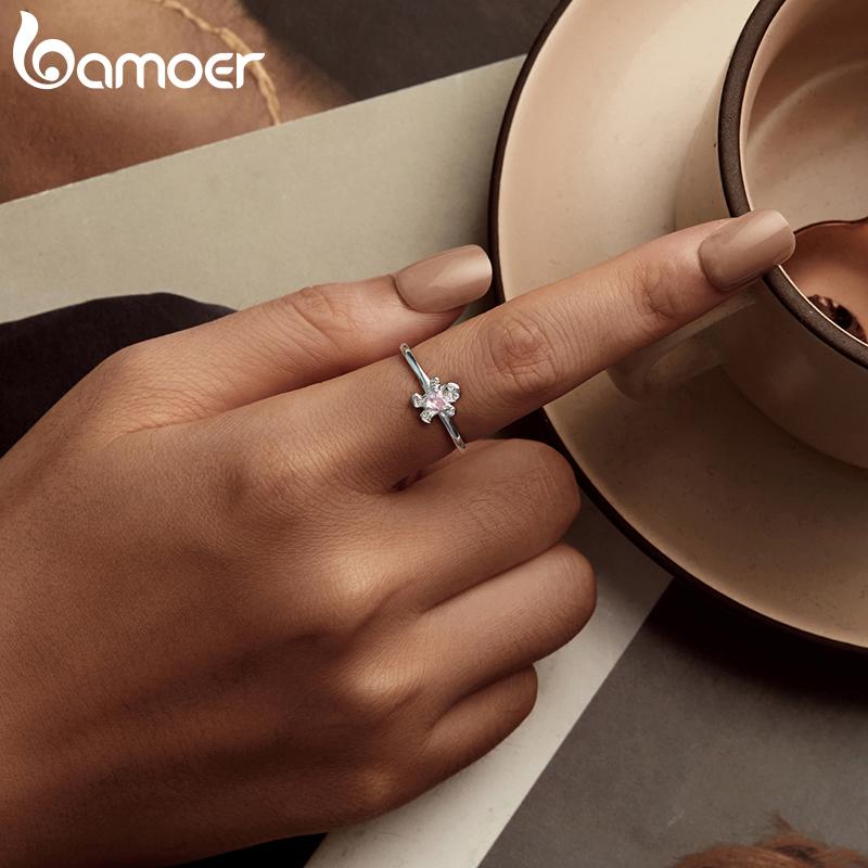 BAMOER Weihnachts-Schmuckgeschenk S925 Silber Lebkuchenmann Offener Ring Ohrstecker Damen Herz Rosa Zirkonia Verstellbare Ringe Neujahrsgeschenk