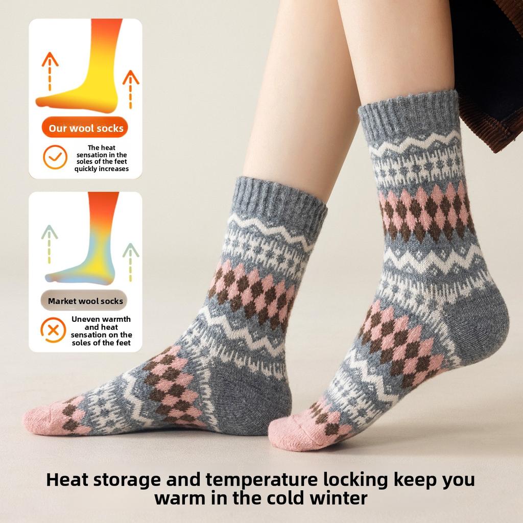 Winter and Autumn Vintage Thick and Warm Wool Socks for Children, Featuring Fel Island Wave and Diamond Pattern in Ethnic Style, Mid-calf Length Socks