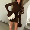 Women's Crew Neck Flare Long Sleeve Bodycon Mini Dress Slim Elegant Office Style Rayon Blend Soft Brushed Knit Fall Ruched Casual Party Dress
