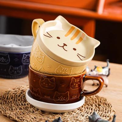 Keramiktasse im japanischen Stil mit Cartoon-Tiermotiv, süße Frühstückstasse für den Haushalt, Bürokaffeetasse mit Deckel, Paar-Wassertasse