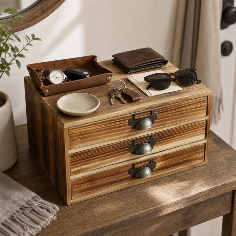 Three Compartment Wooden Desk Storage Cabinet, Tabletop Box with Metal Pulls for Mail, Jewelry, Office and Dresser Area