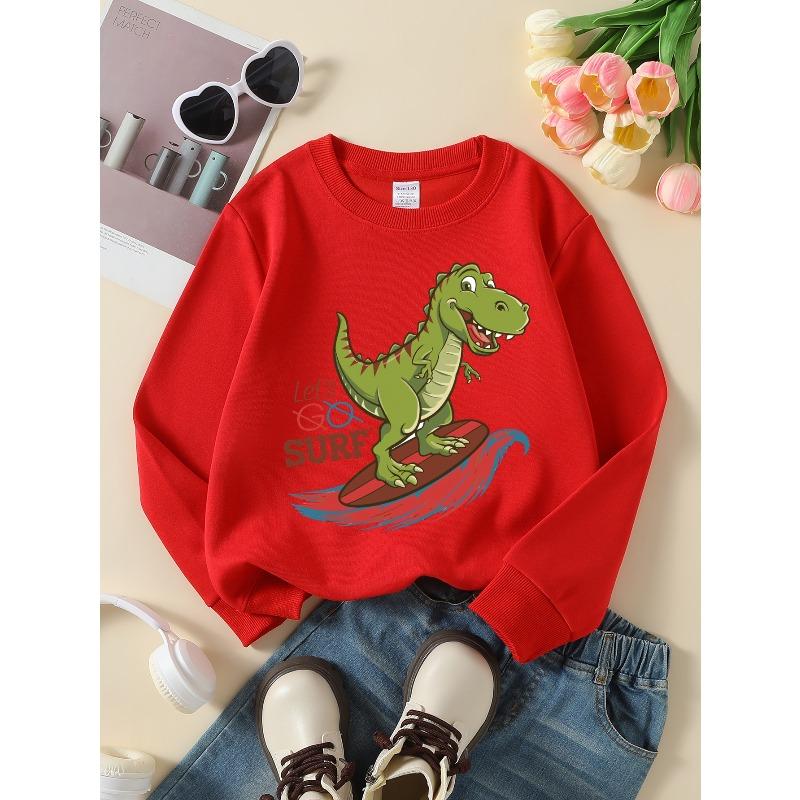 Dinosaur Surfing Adventure Let's Go Surf Girls' Crew Neck Fashion Sweatshirt, Autumn and Winter Western Style Top, Children's Long Sleeved T-shirt