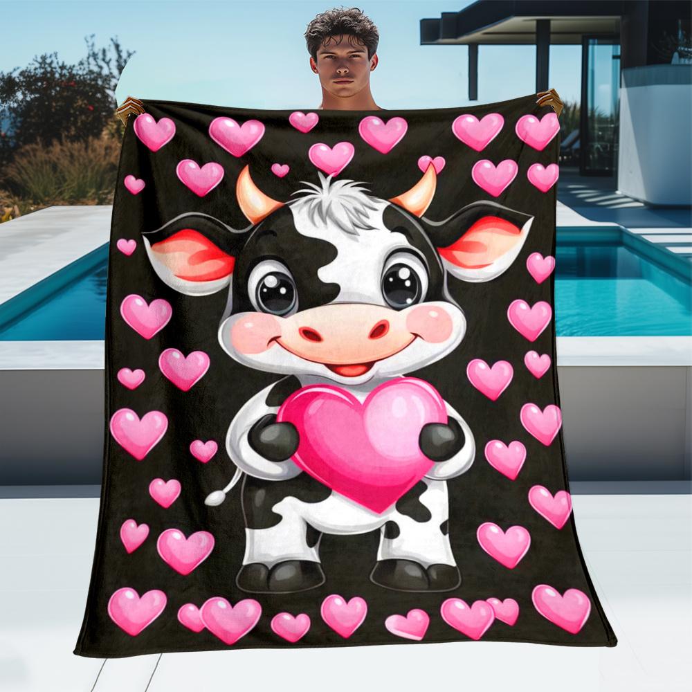1pc Cute Cow Holding Pink Heart Fleece Blanket Cartoon Animal Love Theme Soft Cozy Throw for Valentines Day Gift