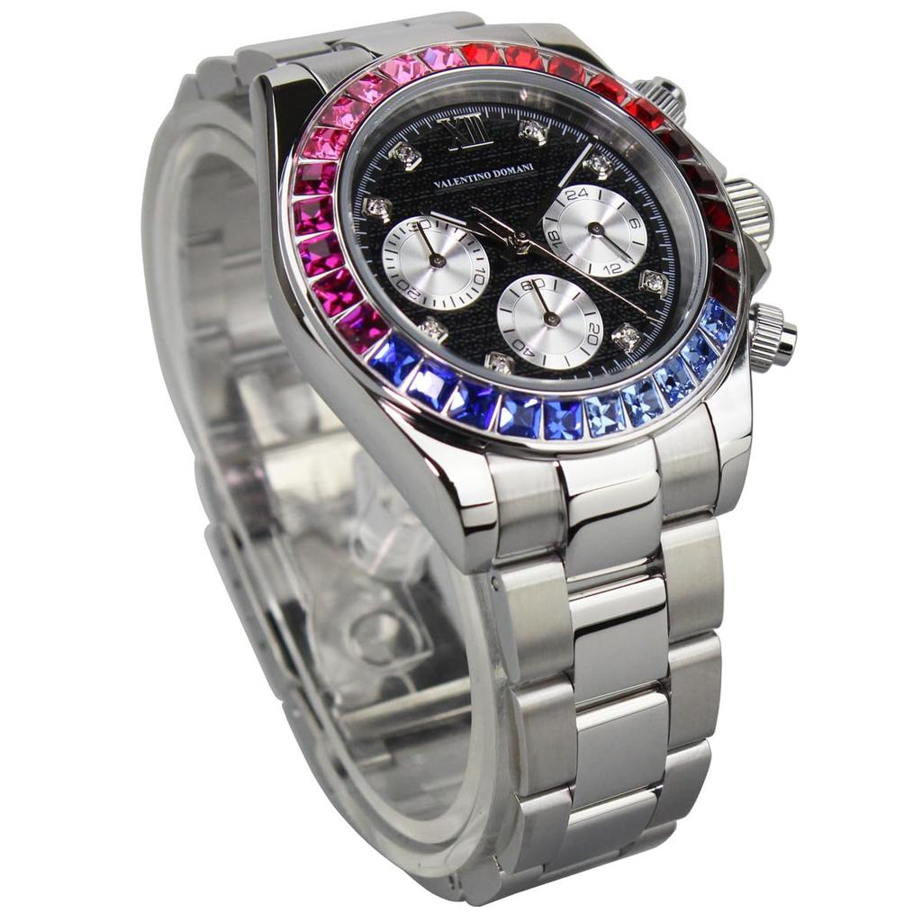 VALENTINO DOMANI Watch with Black and Zirconia Bezel Men's Zirconia, Silver, Face, (VD006MSB)