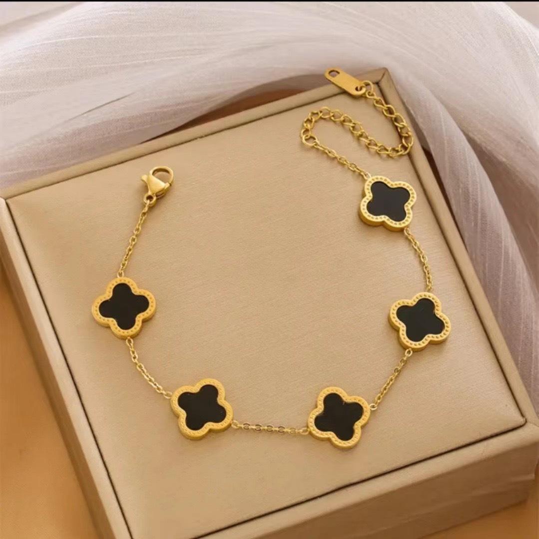 Браслет из 18-каратного золота двусторонний «Счастливый четырехлистный клевер» Пятицветный «Удача» Фритиллярия Четырехлистный клевер Женский браслет