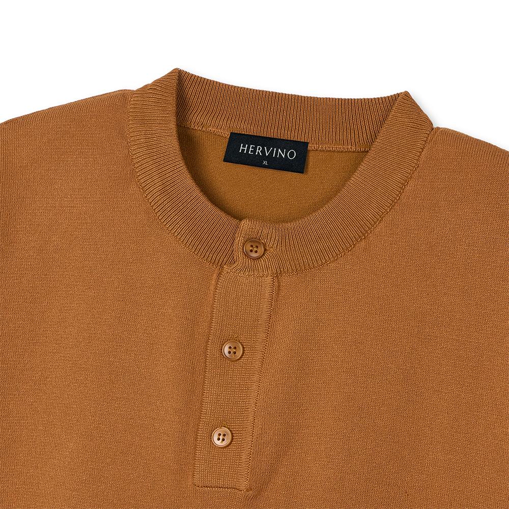 HERVINO Modern Henley Neck Muscle Fit Short Sleeve Knit [Camel]