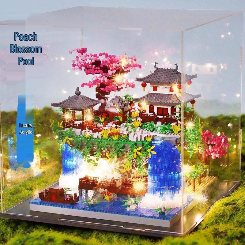 Fairy Pavilion Cherry Blossom Treehouse with Peach Blossom Pond - Creative Ancient Style Building Block Ornament, Handmade Assembly Scene.
