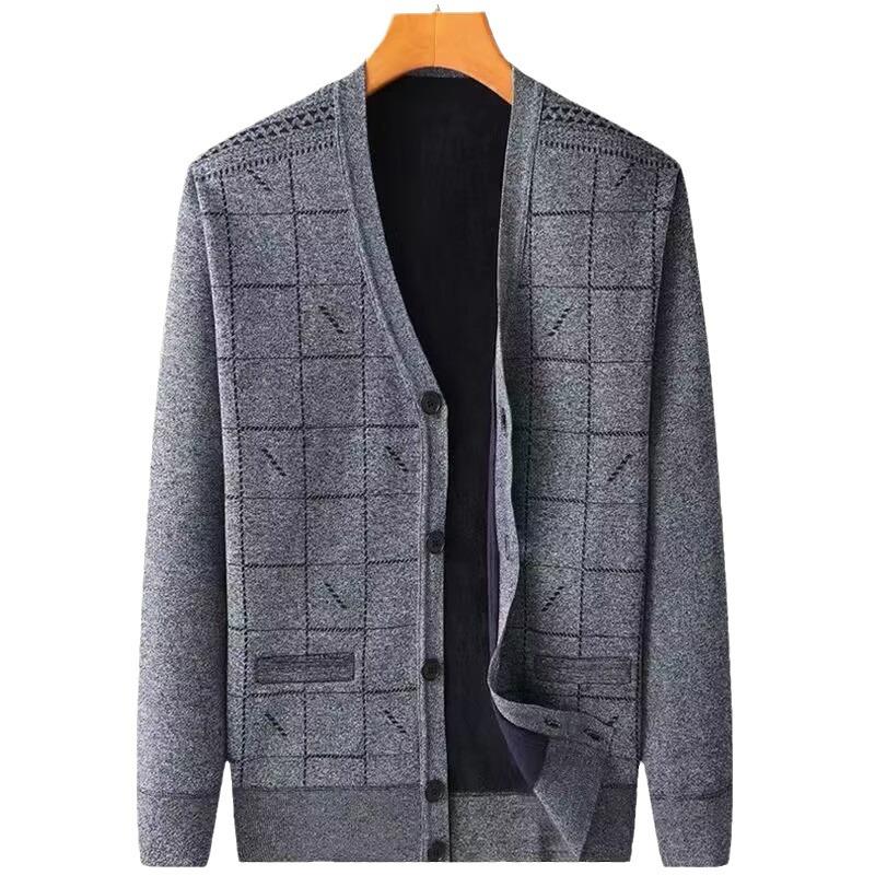 Men's V-Neck Knit Cardigan Sweater: Autumn-Winter Plus Velvet, Thickened, Loose Fit for Middle-aged & Elderly