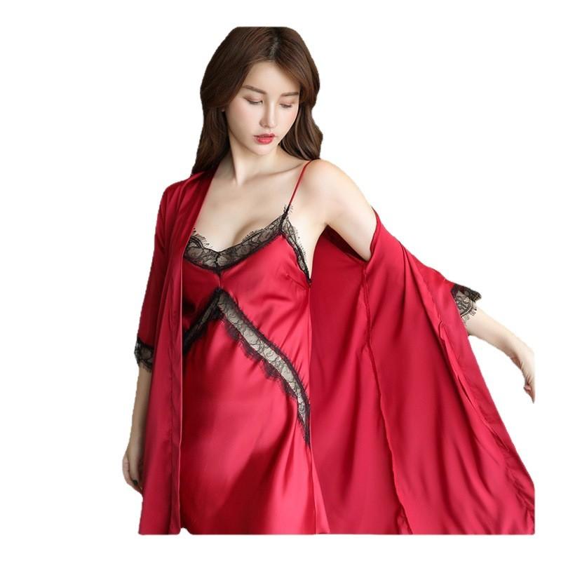 Beautiful yarn sexy suspender open nightgown set light perspective temptation lace female lazy wind