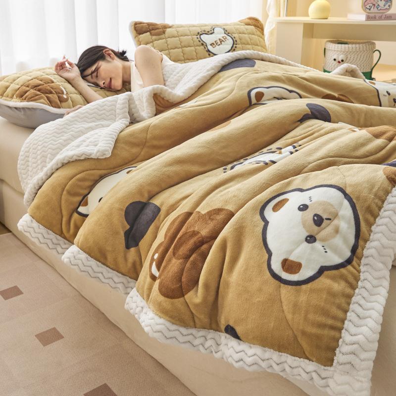 Winter Thick Three-Layer Quilted Blanket Milk Flannel Multifunctional Warm Blankets for Home Cartoon Printed Single Sofa Cover