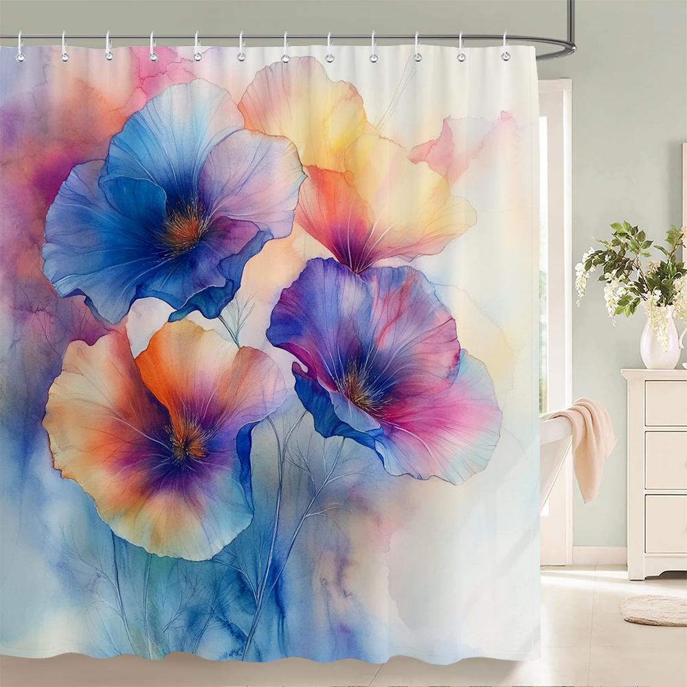 Watercolor Flowers Shower Curtain, Floral Plant Bathroom Decorative Shower Curtain, Waterproof Shower Curtain with Hooks