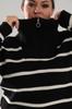 Women's Big Size Blouse Black Zipper Collar Black Striped Knitted Knitwear Plus Size Blouse