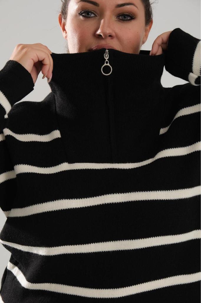 Women's Big Size Blouse Black Zipper Collar Black Striped Knitted Knitwear Plus Size Blouse