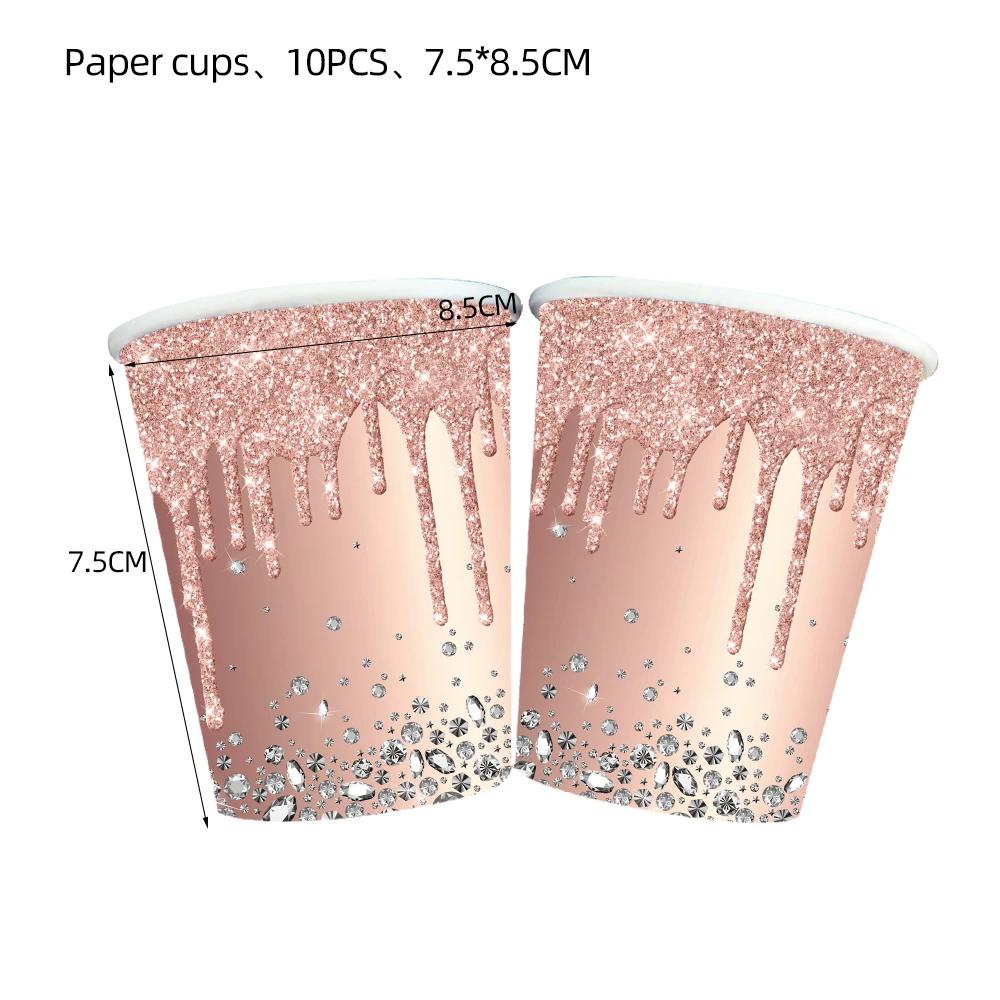 Roségold Themenparty Dekoration Geschirrset Diamant Glitzer Teller Tasse Luftballons Für Hochzeit Mädchen Kinder Geburtstagsparty Zubehör