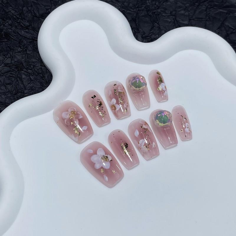 Handmade Floral Press-On Nails Short Style Sweet Pastel Pink Cheeky Design Women Extra Small