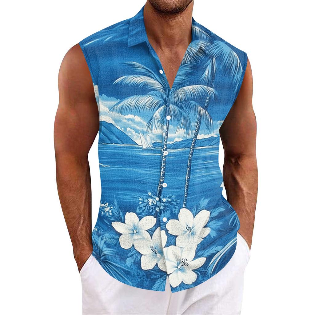 Men Tank Tops Sleeveless Shirts for Men with Button Down Collar and Tropical Print Men’s Tank Tops Men’s Tank Shirts