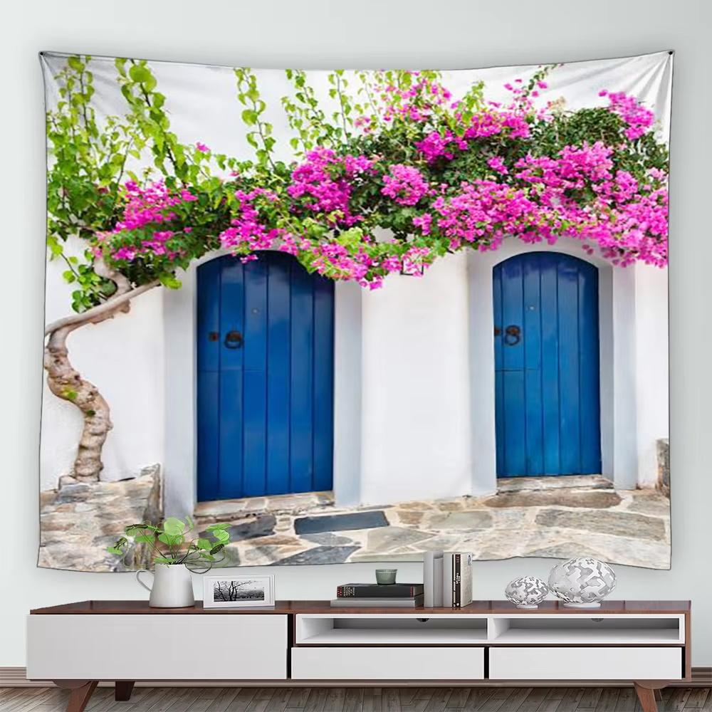 Street Flower Scenery Tapestry Vintage Blue Wooden Door Floral Plants Nature Landscape Home Garden Decor Wall Hanging Picnic Mat